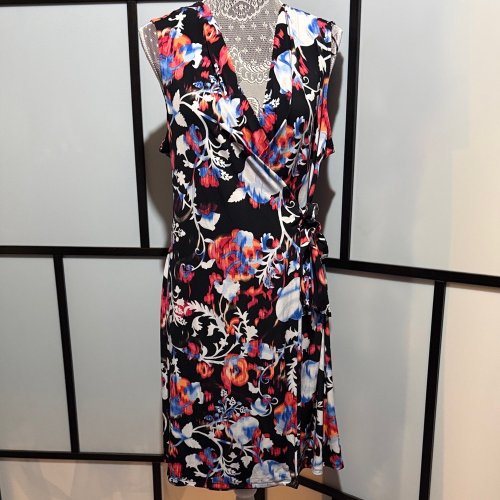 Dana Buchman Black Floral Wrap Midi Dress with Blue, Red & White